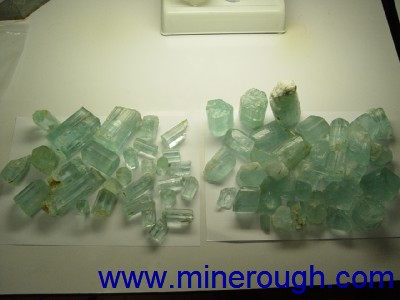 Aquamarine rough gemstones, clear material and milky material